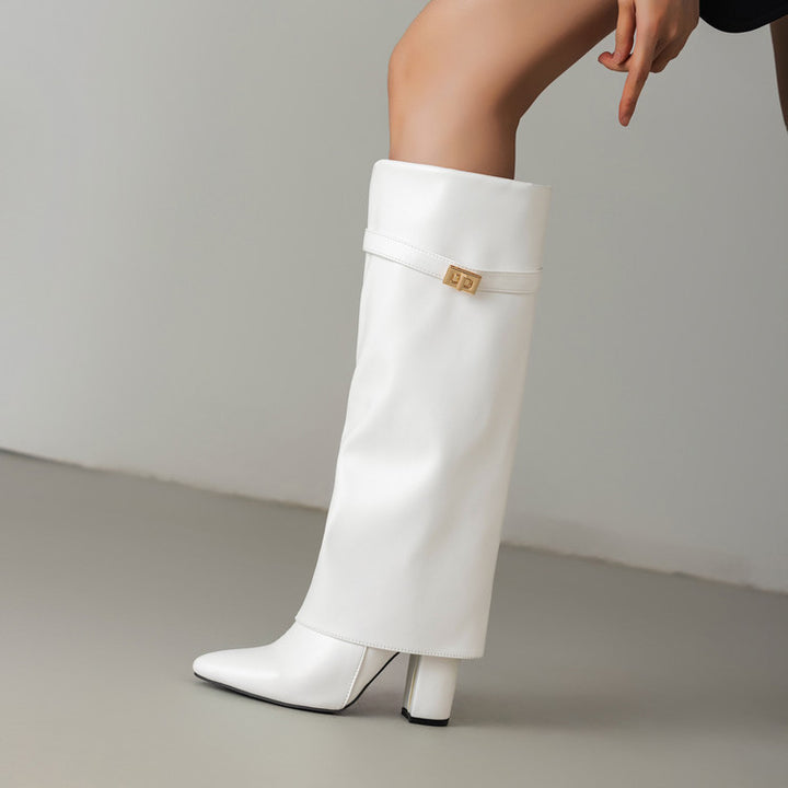 Women's Vegan Leather High Shaft Boot – Pointed Toe, Metal Buckle