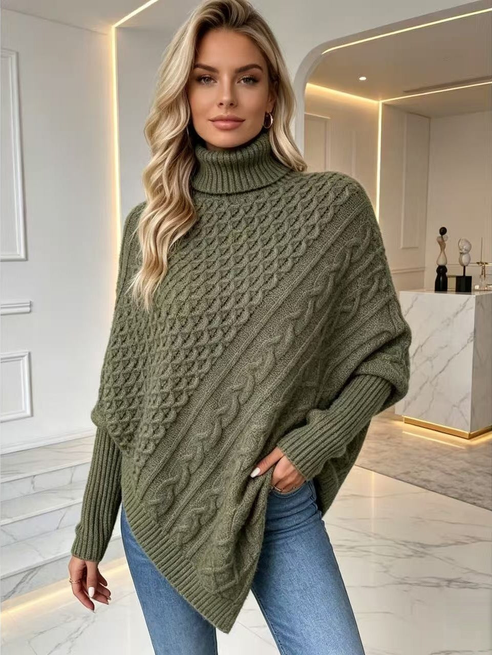 Women's Turtleneck Sweater – Cape-Style, Soft Knit Drape