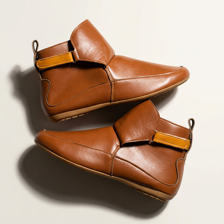 Women's Flat Leather Ankle Boot – Velcro Strap, Contrast Stitching