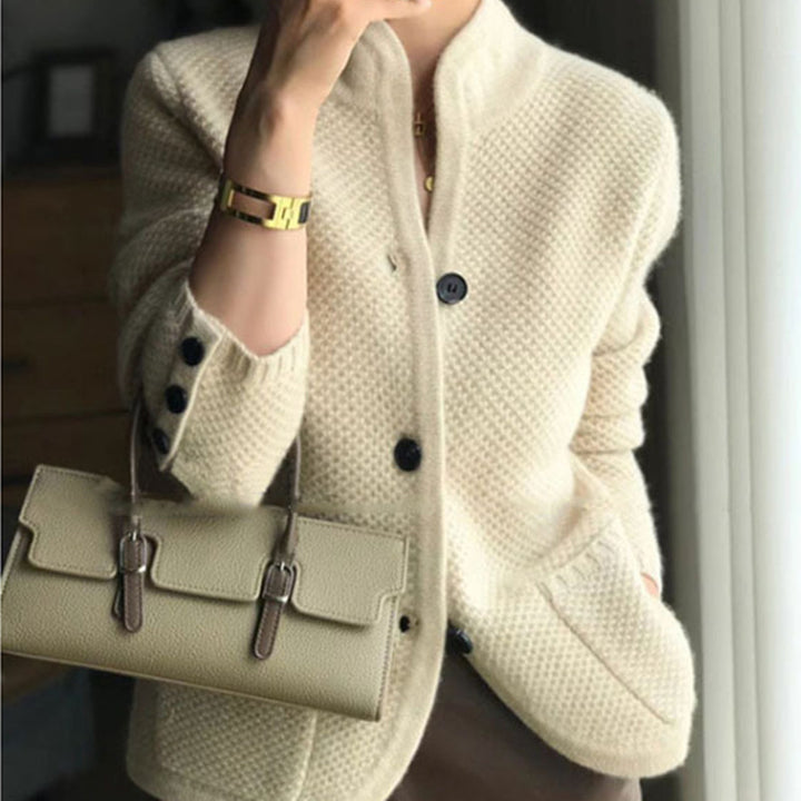 Women's Knit Cardigan – Textured Thick Stand Collar Button-Front