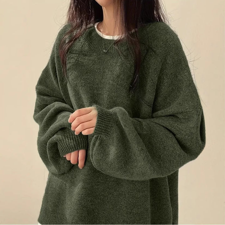 Women's Retro Crew Neck Knit Sweater Pullover – Relaxed Drop-Shoulder