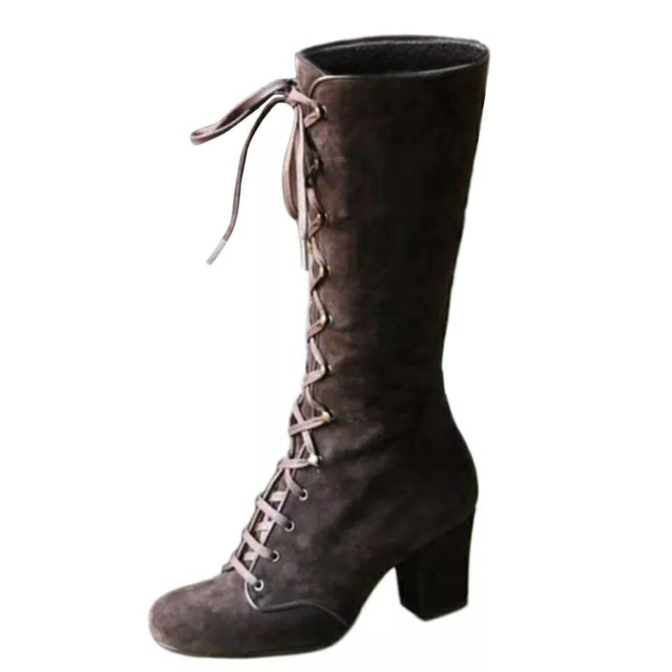 Women's Suede Lace-Up Mid-Heel Riding Boot – Chunky Heel Comfort