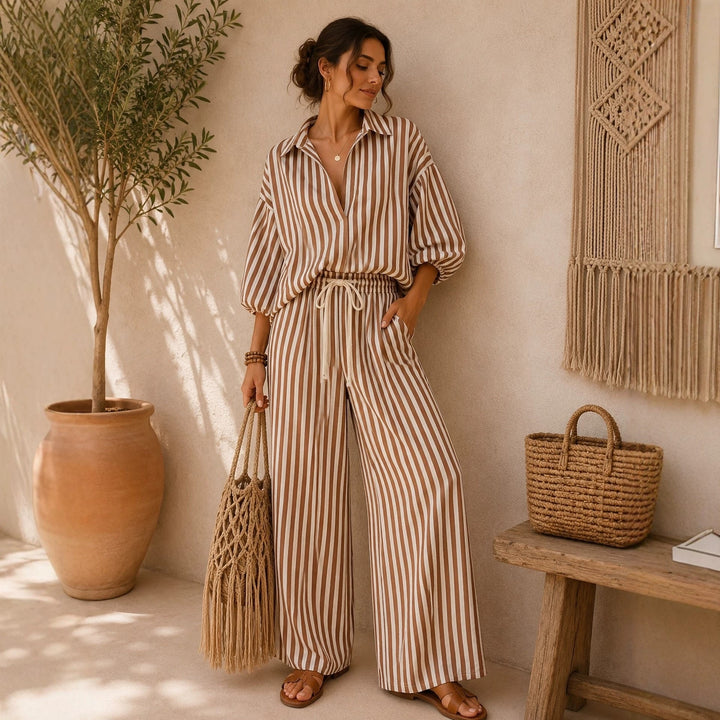 Women's Striped Shirt and Pants Set – Relaxed Lantern Sleeve Design