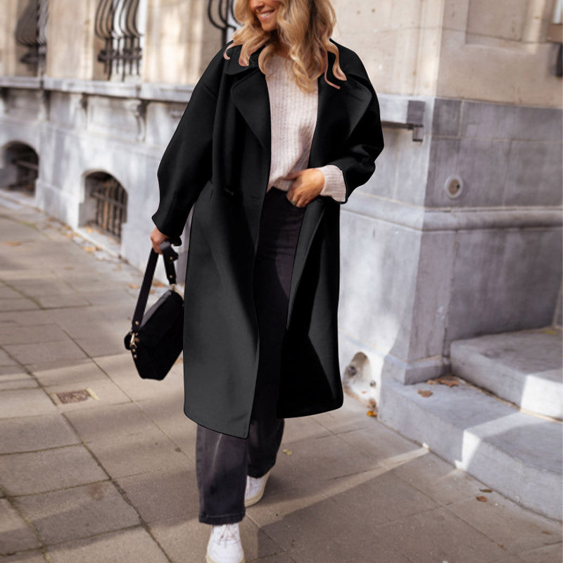 Women's Lengthened Collar Overcoat – Relaxed Silhouette Button Detail
