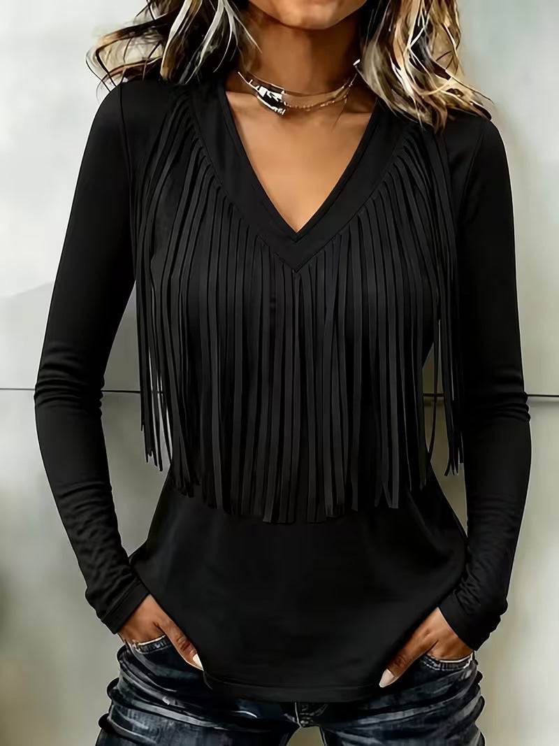 Women's Fringe V-Neck Top – Soft Long Sleeve Western Style