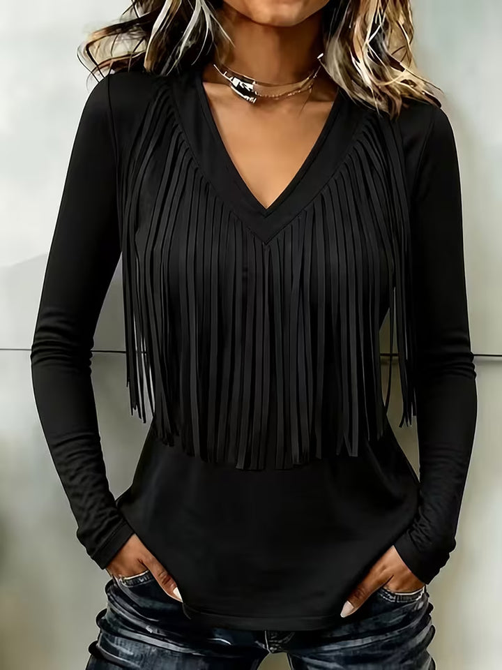 Women's Fringe V-Neck Top – Soft Long Sleeve Western Style