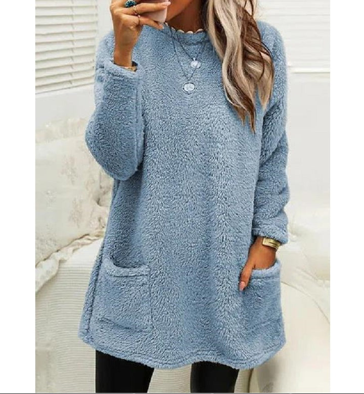 Fleece Pullover Sweater – Women's Longline Plush Top with Pockets