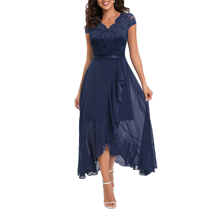 Lace Mesh Midi Dress for Women – High Waist A-Line Gown