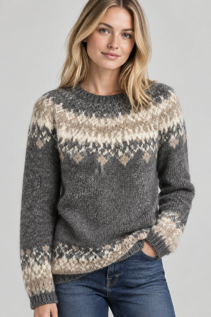 Women's Jacquard Knit Sweater – Thick Wool Look Relaxed Pullover