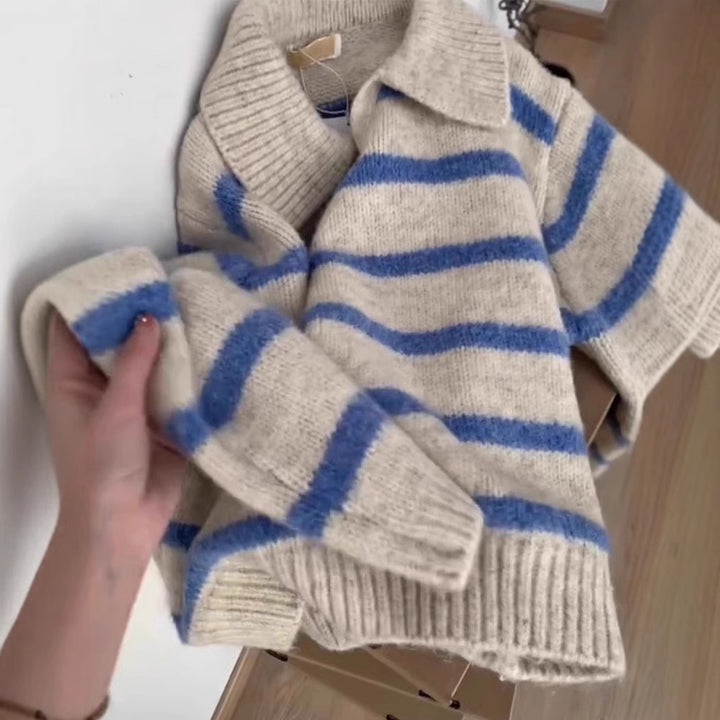 Women's Striped Sweater – Polo Collar Regular Fit Pullover Knit