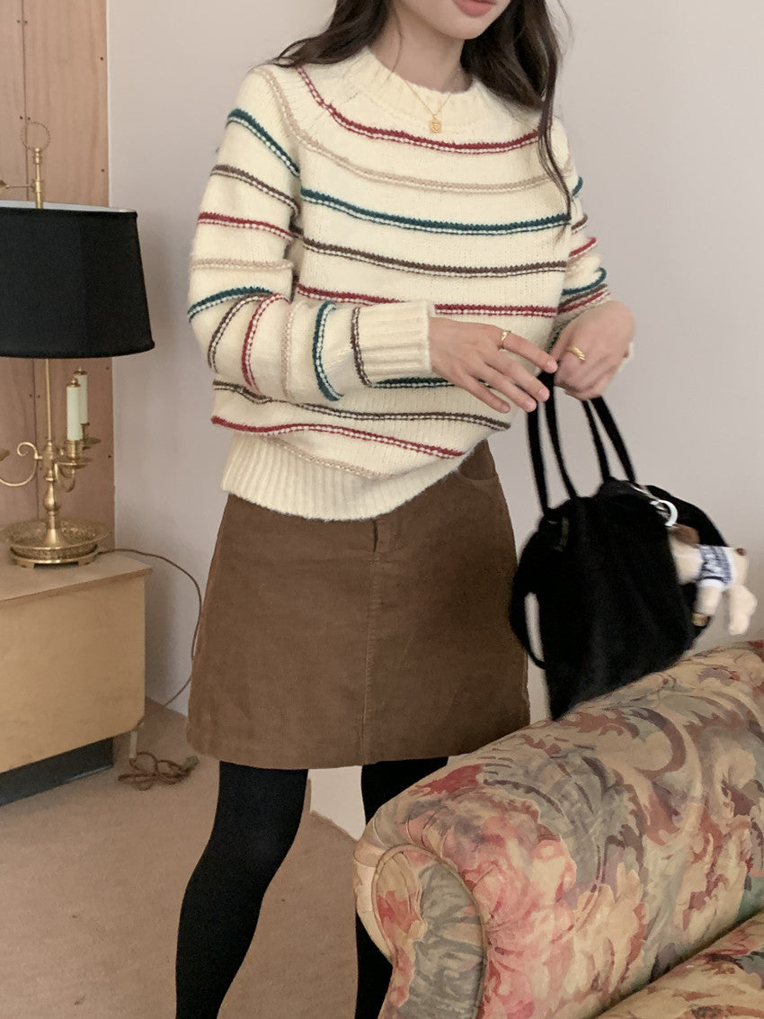Women's Striped Knit Sweater – Soft Pullover with Raglan Sleeves