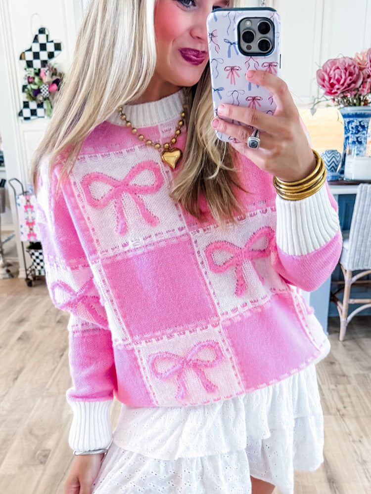 Knit Bow Sweater for Women – Textured Cotton Blend Relaxed Fit