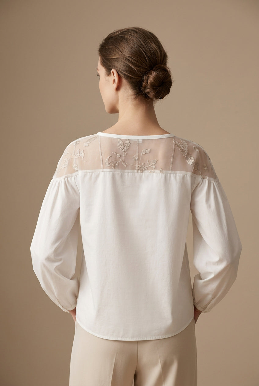 Women's Chiffon Blouse – Mesh Stitch, Plant Print, Long Sleeve