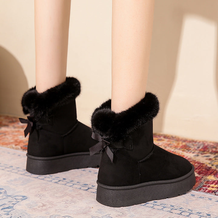 Women's Snow Boots – Platform Fleece Lined High Top, Bow Accent