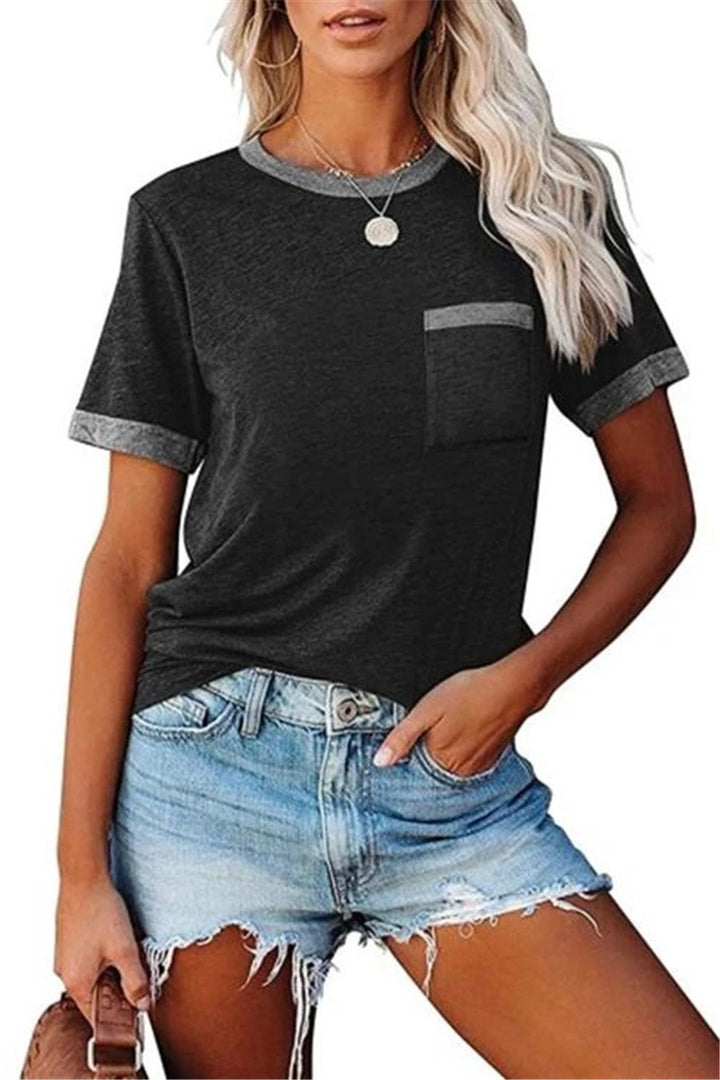 Women's Colorblock Top – Relaxed Fit Round Neck with Pocket