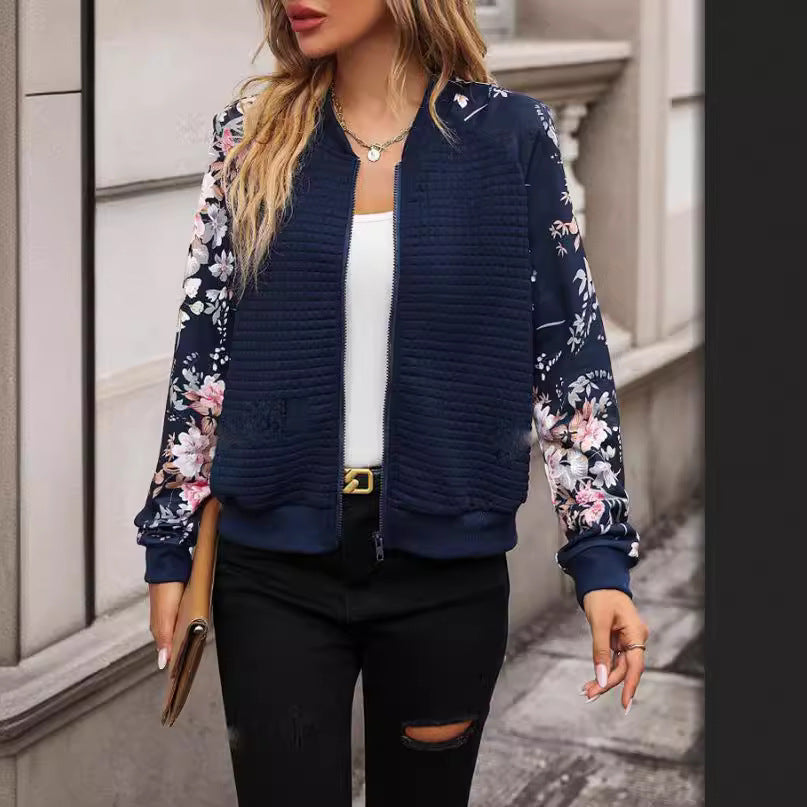 Women's Printed Casual Jacket – Botanical Pattern Raglan Sleeves