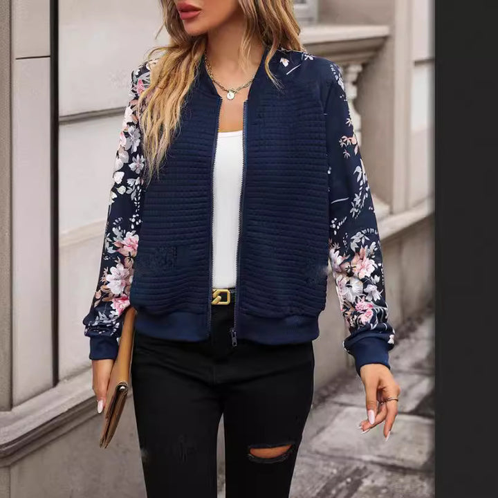 Women's Printed Casual Jacket – Botanical Pattern Raglan Sleeves