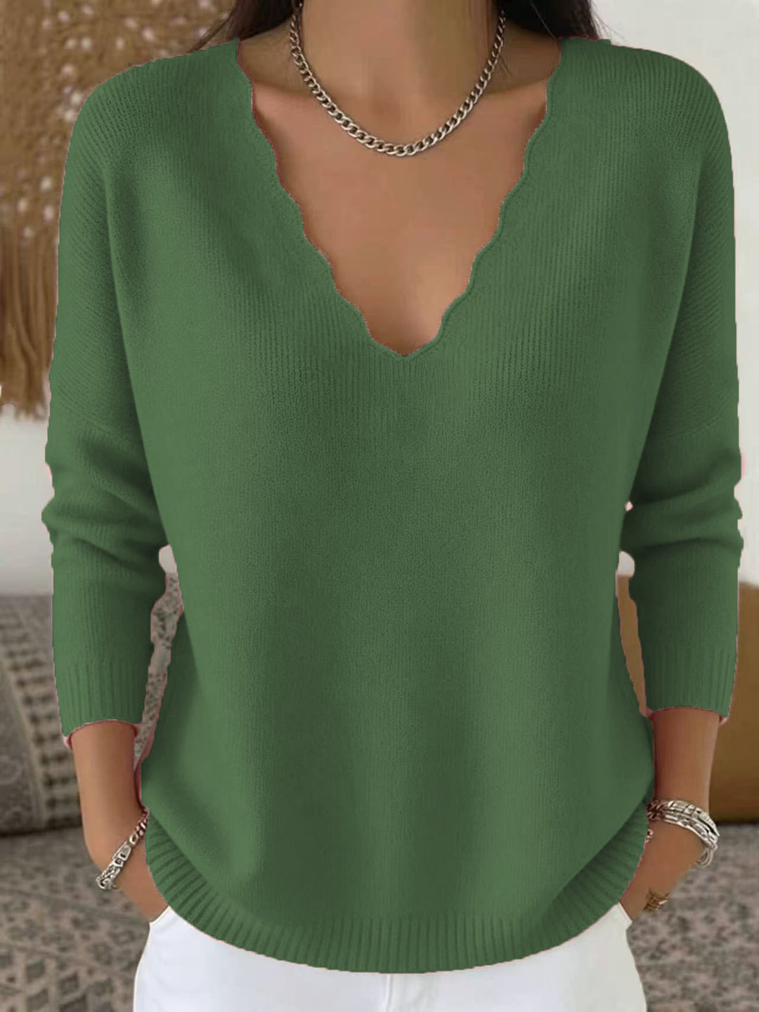 Women's V-Neck Wool Blend Sweater – Knitted Relaxed Fit Pullover