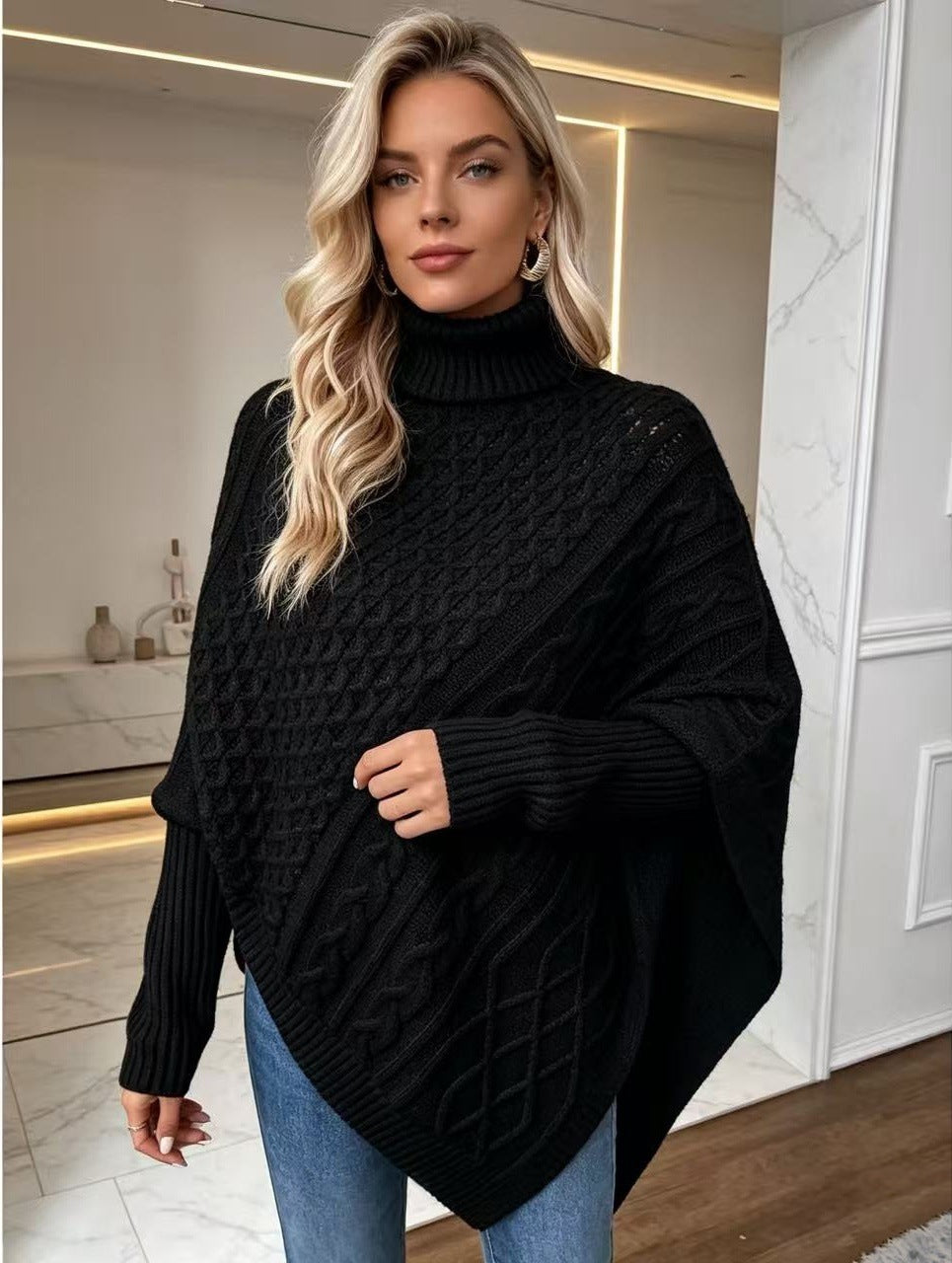 Women's Turtleneck Sweater – Cape-Style, Soft Knit Drape