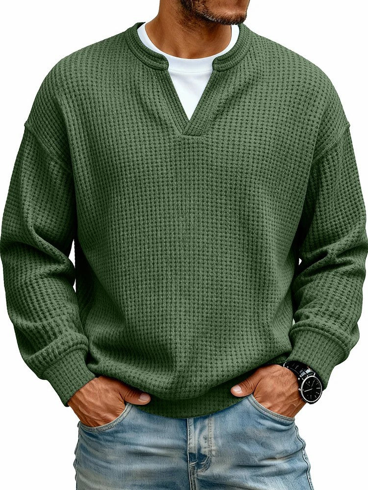 Men’s Waffle Knit Sweatshirt – Relaxed V-Neck Pullover
