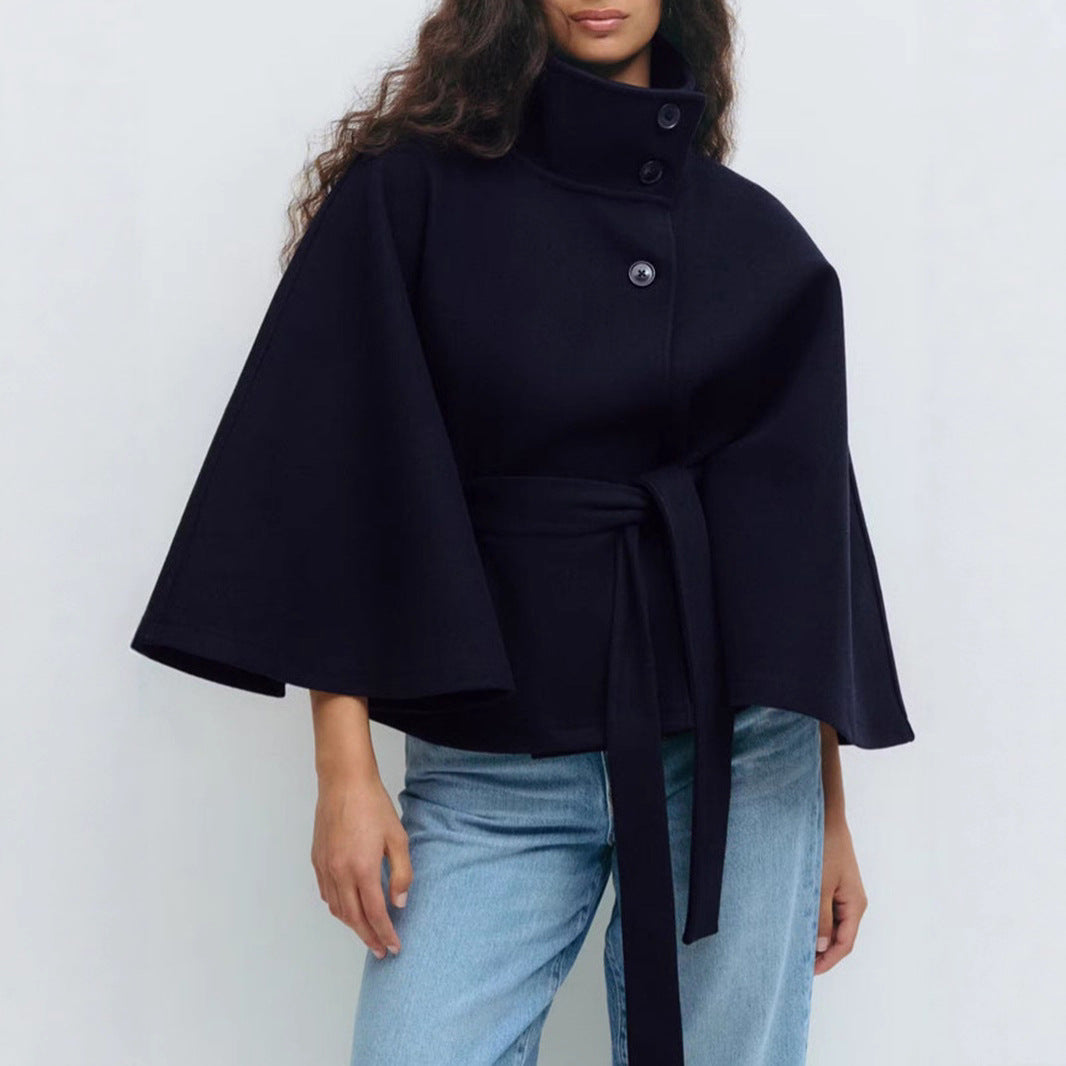 Trench Coat for Women – Stand Collar, Belted Batwing Silhouette