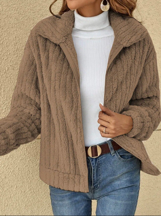 Women's Fleece Cropped Jacket – Lapel Collar Classic Silhouette