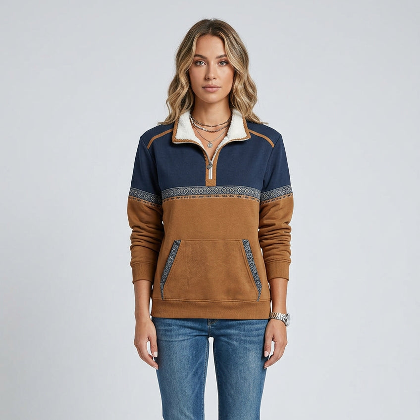 Women's Cartoon Print Half-Zip Loose Fit Top – 3D Patch Pocket Detail