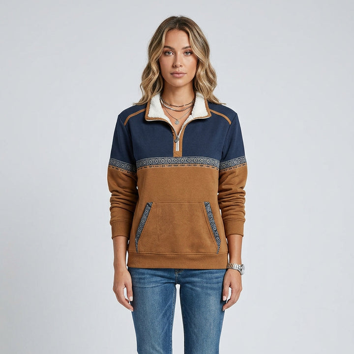 Women's Cartoon Print Half-Zip Loose Fit Top – 3D Patch Pocket Detail