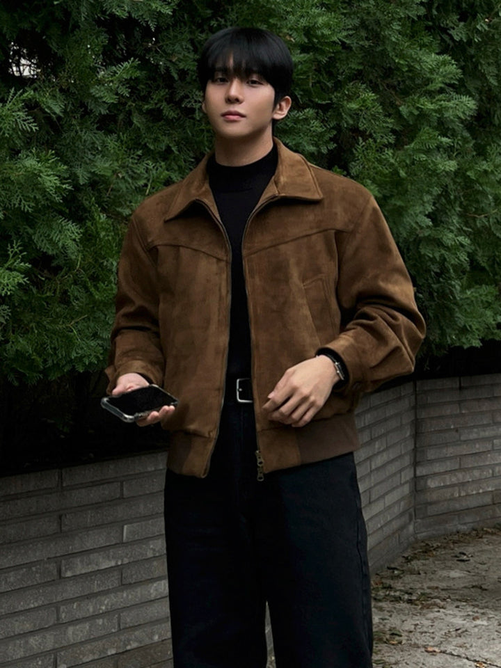 Men’s Suede Look Jacket with Classic Lapel – Collared Style