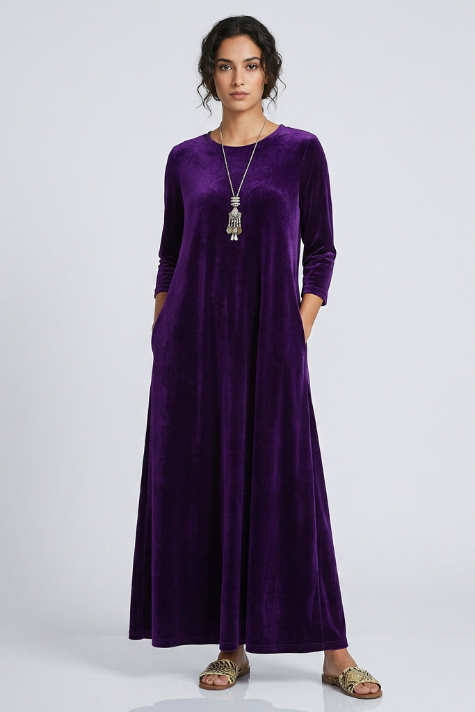 Women's Velvet Maxi Dress– A-Line, 3/4 Sleeve Evening Gown