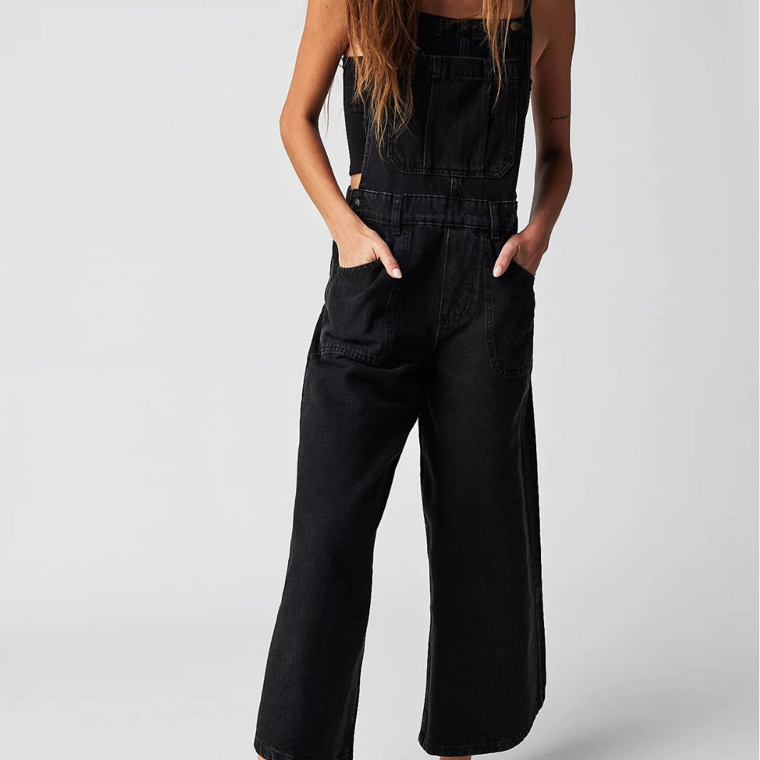 Women's Denim Jumpsuit for – Adjustable Cotton Straps, Relaxed Wide Leg