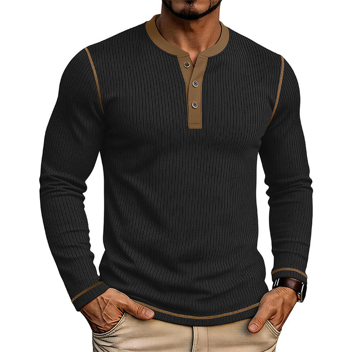 Men’s Colorblock Henley Long Sleeve Cotton T-Shirt – Textured Pullover