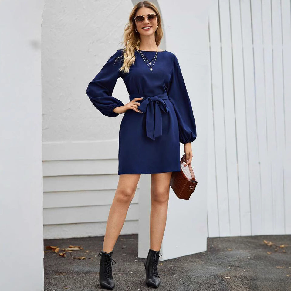 Women's Midi Dress – High Waist A-Line, Long Sleeve, Drapey Fabric