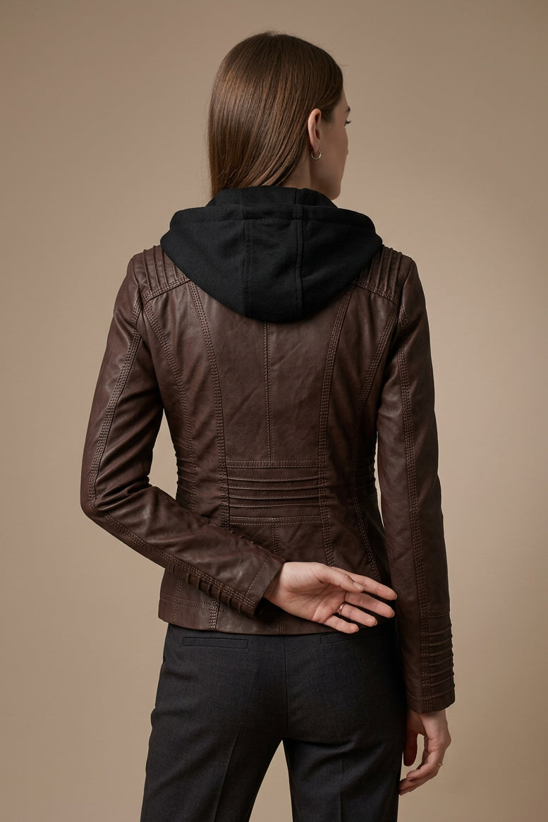 Women's Hooded Vegan Leather Jacket – Detachable Hood & Pockets