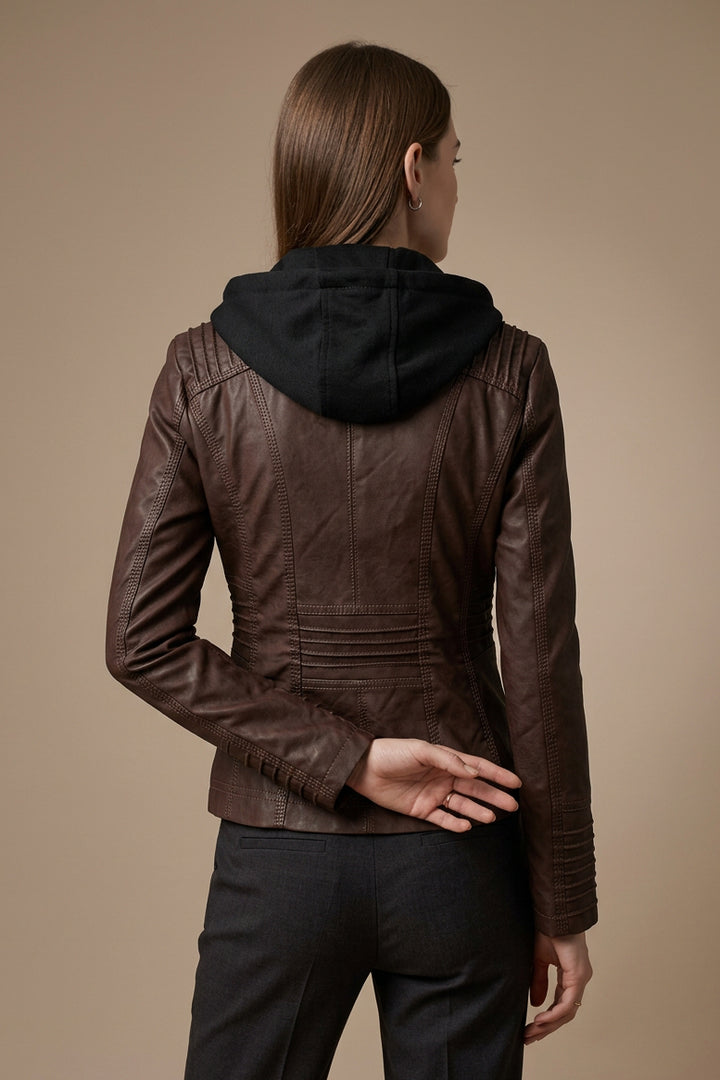 Women's Hooded Vegan Leather Jacket – Detachable Hood & Pockets
