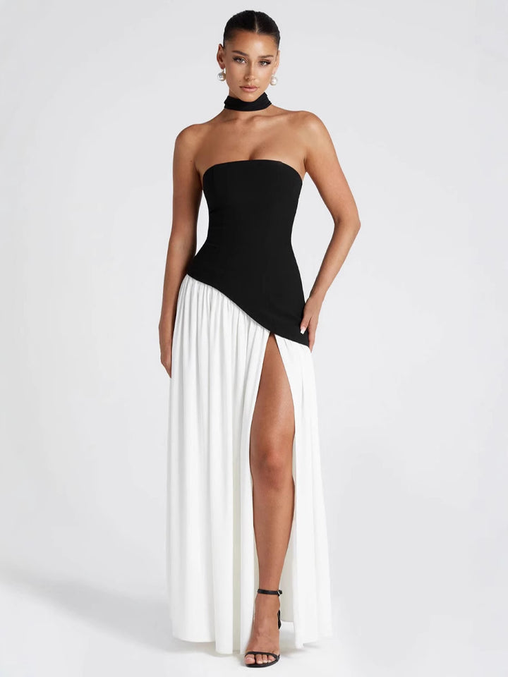 Women's Strapless Slit Dress – High Waist Patchwork Silhouette