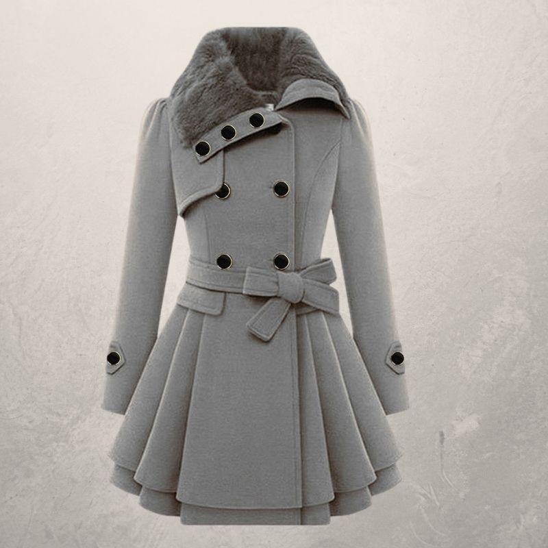 Women's Wool Blend Coat – Double-Breasted Slim Mid-Length Jacket