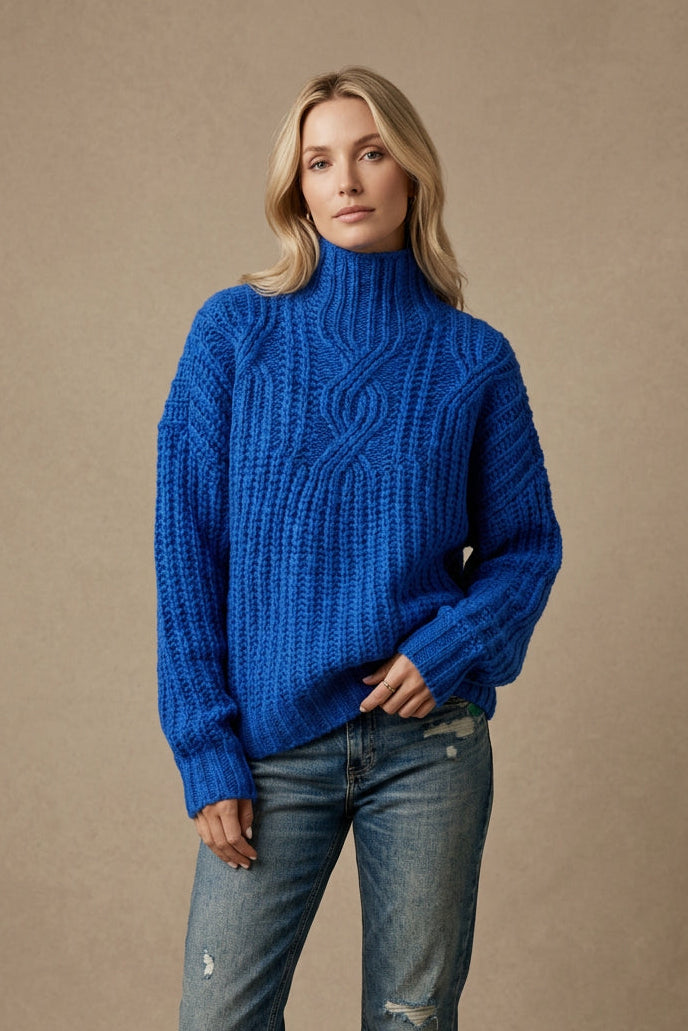 Women's High Neck Sweater – Chunky Ribbed Twist Knit Pullover