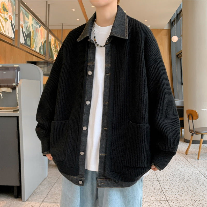 Men's Knitted Cardigan – Cotton & Rabbit Fur Coat with Denim Patches
