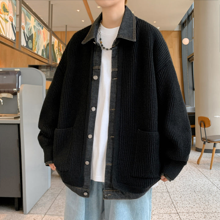 Men's Knitted Cardigan – Cotton & Rabbit Fur Coat with Denim Patches