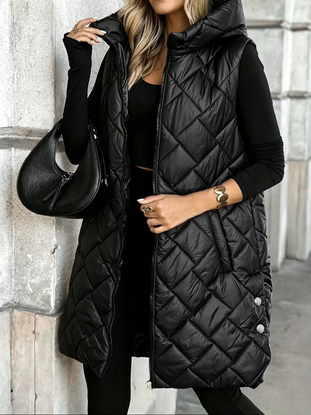 Women's Sleeveless Zip-Up Vest – Mid-Length Cotton Filled