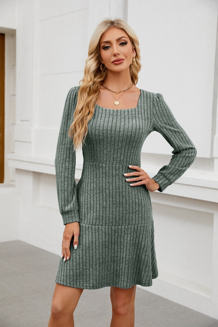 Women's Midi Dress with Pockets – Soft Square Neck, Lantern Sleeve