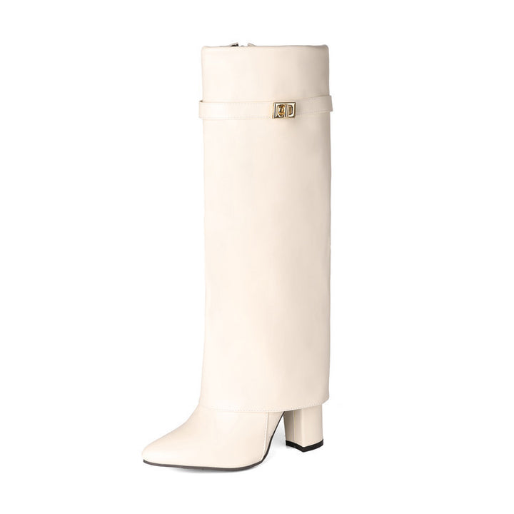 Women's Vegan Leather High Shaft Boot – Pointed Toe, Metal Buckle