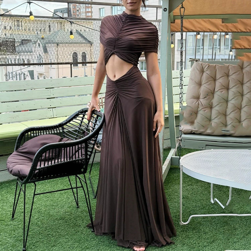 Women's Mesh Pleated Midi Dress – Slim Fit Midriff-Baring Silhouette
