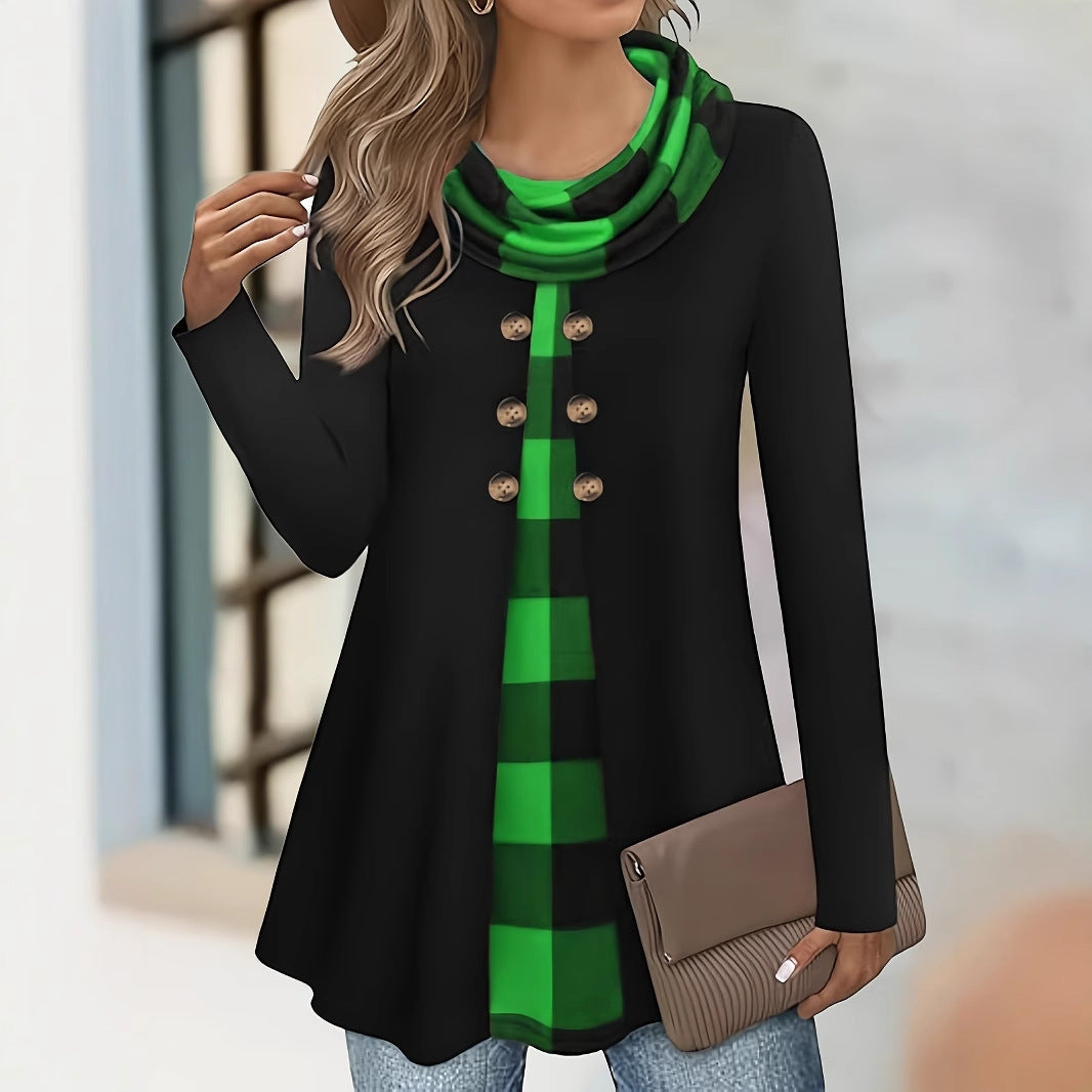 Patchwork Cotton-Blend Long-Sleeve Top for Women with Button Detail