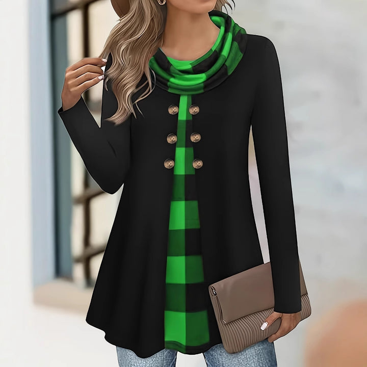 Patchwork Cotton-Blend Long-Sleeve Top for Women with Button Detail