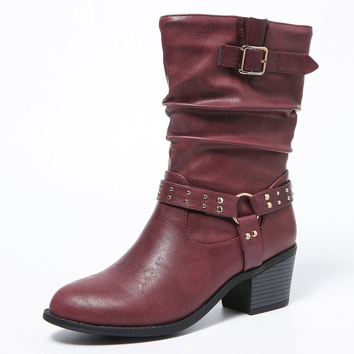 Leather Women's Boot with Pleated Belt, Rivet Detail, Chunky Heel