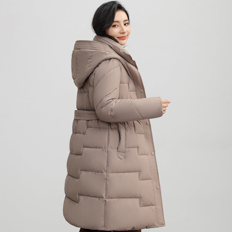 Women's Hooded Down Cotton Coat with Adjustable Waist