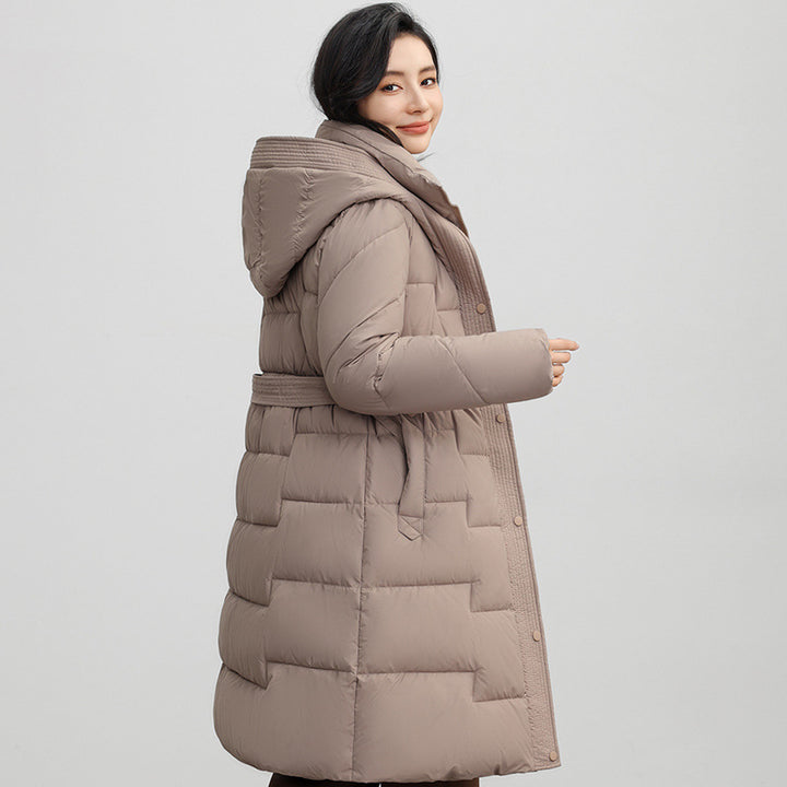 Women's Hooded Down Cotton Coat with Adjustable Waist