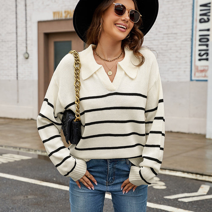 Women's Striped Polo Collar Sweater – Relaxed Fit Knit Pullover